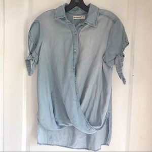 Blank NYC soft chambray faux wrap hi lo top split tie top